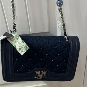 Badgley Mischka Dark Blue Quilted Shoulder Bag brand new